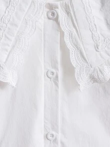 SHEIN 春秋新款彼得潘領 3D 蝴蝶結長袖寬鬆白色襯衫，甜美百搭清新學院風小眾法式荷葉邊上衣，開學季校服 - 米色 - 查看 10