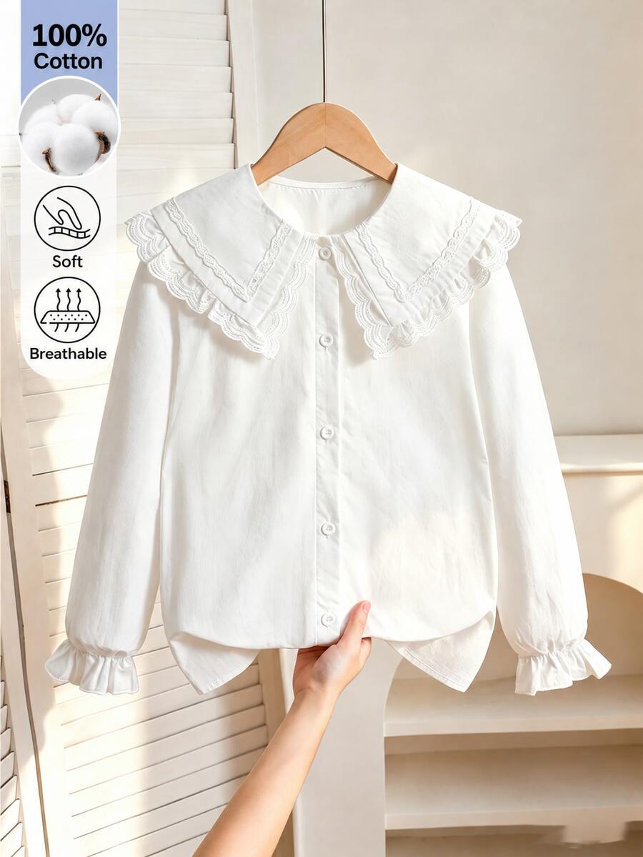 SHEIN 春秋新款彼得潘領 3D 蝴蝶結長袖寬鬆白色襯衫,甜美百搭清新學院風小眾法式荷葉邊上衣,開學季校服 - 米色 - 查看 1