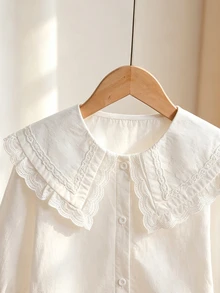 SHEIN 春秋新款彼得潘領 3D 蝴蝶結長袖寬鬆白色襯衫，甜美百搭清新學院風小眾法式荷葉邊上衣，開學季校服 - 米色 - 查看 7