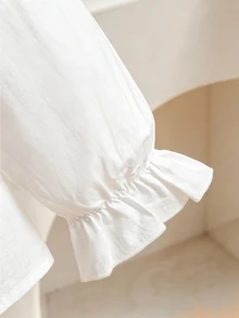 SHEIN 春秋新款彼得潘領 3D 蝴蝶結長袖寬鬆白色襯衫，甜美百搭清新學院風小眾法式荷葉邊上衣，開學季校服 - 米色 - 查看 9