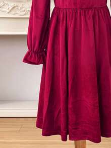 SHEIN Christmas Party Dress 1pc Girl's Elegant Velvet Mesh Patchwork Dress, Pearl Embellished Half-High - Burgundy - View 7
