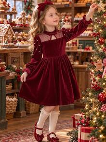 SHEIN Christmas Party Dress 1pc Girl's Elegant Velvet Mesh Patchwork Dress, Pearl Embellished Half-High - Burgundy - View 3