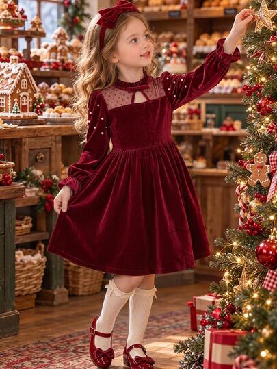 SHEIN Christmas Party Dress 1pc Girl's Elegant Velvet Mesh Patchwork Dress, Pearl Embellished Half-High