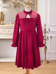 SHEIN Christmas Party Dress 1pc Girl's Elegant Velvet Mesh Patchwork Dress, Pearl Embellished Half-High - Burgundy - View 6
