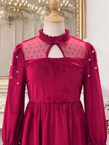 SHEIN Christmas Party Dress 1pc Girl's Elegant Velvet Mesh Patchwork Dress, Pearl Embellished Half-High - Burgundy - View 9