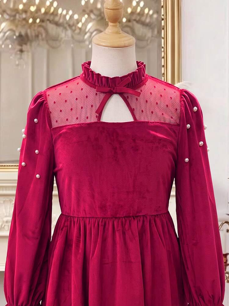 SHEIN Christmas Party Dress 1pc Girl's Elegant Velvet Mesh Patchwork Dress, Pearl Embellished Half-High - Burgundy - View 9