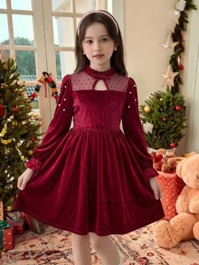 SHEIN Christmas Party Dress 1pc Girl's Elegant Velvet Mesh Patchwork Dress, Pearl Embellished Half-High - Burgundy - View 4
