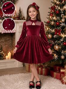 SHEIN Christmas Party Dress 1pc Girl's Elegant Velvet Mesh Patchwork Dress, Pearl Embellished Half-High - Burgundy - View 8