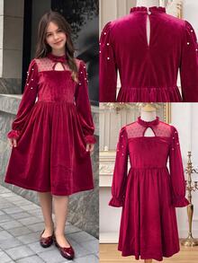 SHEIN Christmas Party Dress 1pc Girl's Elegant Velvet Mesh Patchwork Dress, Pearl Embellished Half-High - Burgundy - View 5