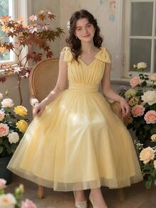 SHEIN Teen Girls Formal Party Dress Summer Mesh Tulle Princess Gown Elegant V Neck Ruched Tie Shoulder Bow Detail Prom Wedding Bridesmaid Flare Midi Dresses - Green - View 6