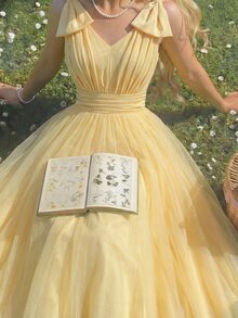 SHEIN Teen Girls Formal Party Dress Summer Mesh Tulle Princess Gown Elegant V Neck Ruched Tie Shoulder Bow Detail Prom Wedding Bridesmaid Flare Midi Dresses - Green - View 3