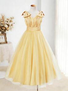 SHEIN Teen Girls Formal Party Dress Summer Mesh Tulle Princess Gown Elegant V Neck Ruched Tie Shoulder Bow Detail Prom Wedding Bridesmaid Flare Midi Dresses - Green - View 8