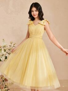 SHEIN Teen Girls Formal Party Dress Summer Mesh Tulle Princess Gown Elegant V Neck Ruched Tie Shoulder Bow Detail Prom Wedding Bridesmaid Flare Midi Dresses - Green - View 7