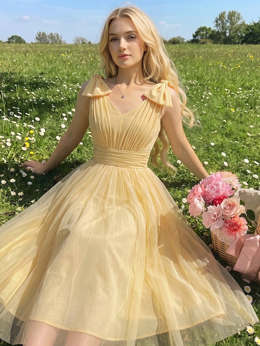 SHEIN Teen Girls Formal Party Dress Summer Mesh Tulle Princess Gown Elegant V Neck Ruched Tie Shoulder Bow Detail Prom Wedding Bridesmaid Flare Midi Dresses