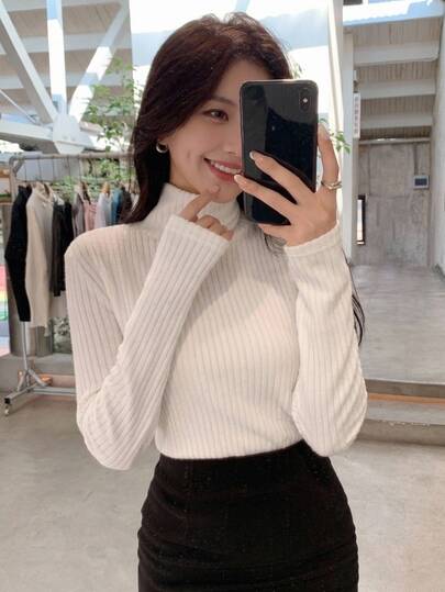DAZY 女士休闲高领长袖纯色高领T恤，秋季女装