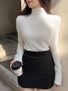 DAZY 女士休闲高领长袖纯色高领T恤，秋季女装 - 白色 - 查看 1