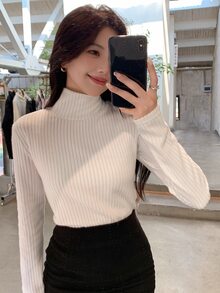 DAZY 女士休闲高领长袖纯色高领T恤，秋季女装 - 白色 - 查看 4