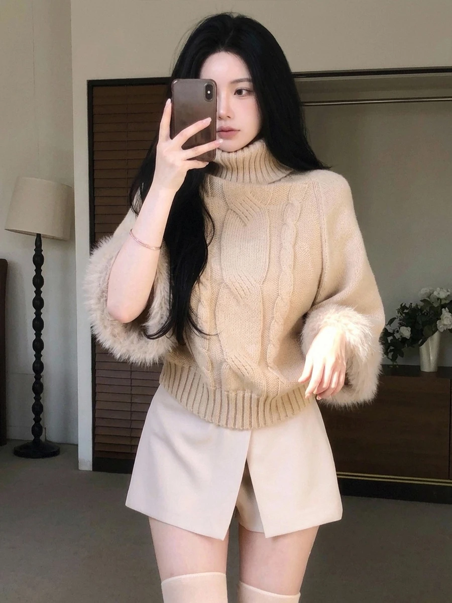 DAZY Women's Semi-High Neck Frayed Patchwork Casual Solid Color Autumn/Winter Korean Style Elegant Sweater - Pink - View 1