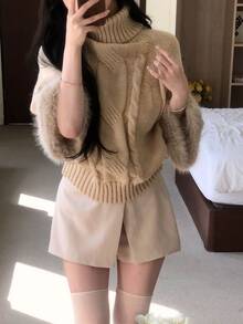 DAZY Women's Semi-High Neck Frayed Patchwork Casual Solid Color Autumn/Winter Korean Style Elegant Sweater - Pink - View 4