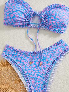 SHEIN Swim Women's Summer New Sexy Minimalist Floral Print Tie-Up Backless Bikini Set, Suitable For Beach Vacation - Multicolor - View 3