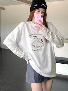 DAZY Women's Round Neck Cartoon Print Long Sleeve 2 In 1 Korean Style Long Sleeve Spring/Summer T-Shirt Graphic Tees Cute Tops Oversized T Shirts For Women - White - View 10