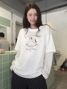 DAZY Women's Round Neck Cartoon Print Long Sleeve 2 In 1 Korean Style Long Sleeve Spring/Summer T-Shirt Graphic Tees Cute Tops Oversized T Shirts For Women - White - View 1