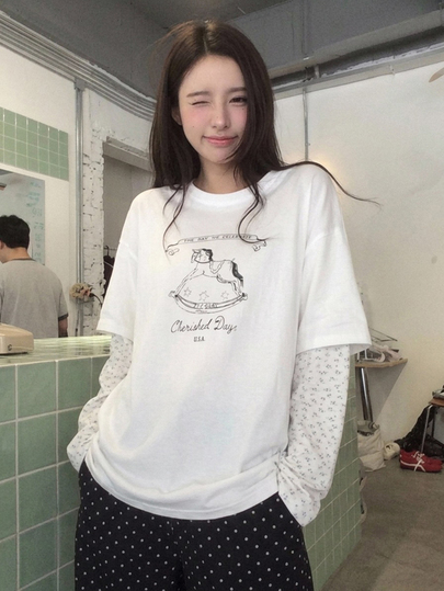 DAZY Women's Round Neck Cartoon Print Long Sleeve 2 In 1 Korean Style Long Sleeve Spring/Summer T-Shirt Graphic Tees Cute Tops Oversized T Shirts For Women
