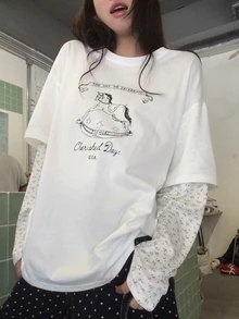 DAZY Women's Round Neck Cartoon Print Long Sleeve 2 In 1 Korean Style Long Sleeve Spring/Summer T-Shirt Graphic Tees Cute Tops Oversized T Shirts For Women - White - View 11