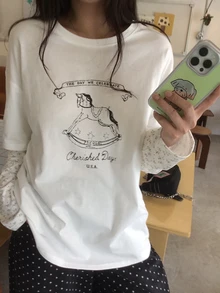 DAZY Women's Round Neck Cartoon Print Long Sleeve 2 In 1 Korean Style Long Sleeve Spring/Summer T-Shirt Graphic Tees Cute Tops Oversized T Shirts For Women - White - View 6