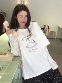 DAZY Women's Round Neck Cartoon Print Long Sleeve 2 In 1 Korean Style Long Sleeve Spring/Summer T-Shirt Graphic Tees Cute Tops Oversized T Shirts For Women - White - View 8
