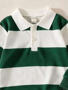 SHEIN 1件幼童男童學院風綠白條紋鈕扣長袖 Polo 領上衣，適合學校、戶外、秋季假期穿著的套頭 T 恤 - 綠色 - 查看 6