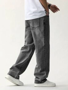 QuarKem Men's Fashion Casual Minimalist Grey Washed Denim Straight Leg Pants - Grey - View 2