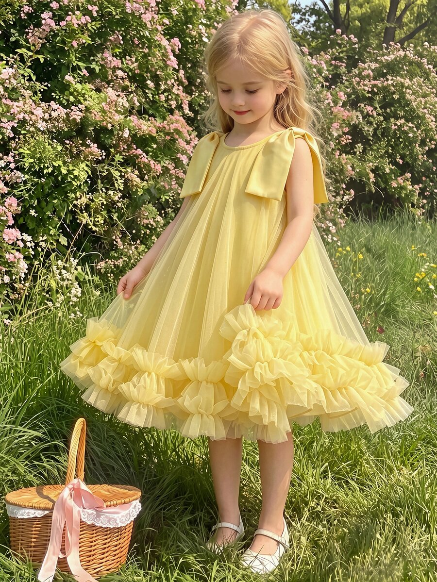 SHEIN 女童純色蝴蝶結透視網紗層次荷葉邊無袖洋裝 夏季 7歲生日 3歲生日 嬰兒黃色仙女公主風 - 黃色 - 查看 1