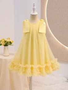 SHEIN 女童純色蝴蝶結透視網紗層次荷葉邊無袖洋裝 夏季 7歲生日 3歲生日 嬰兒黃色仙女公主風 - 黃色 - 查看 6