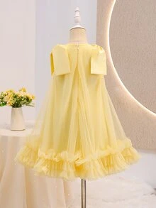 SHEIN 女童純色蝴蝶結透視網紗層次荷葉邊無袖洋裝 夏季 7歲生日 3歲生日 嬰兒黃色仙女公主風 - 黃色 - 查看 2