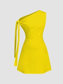 SHEIN Unity 女士不对称系带腰部短裙 - 芥末黃 - 查看 4