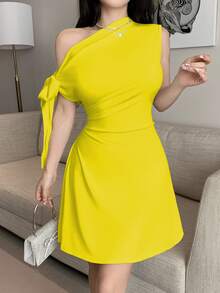 SHEIN Unity 女士不对称系带腰部短裙 - 芥末黃 - 查看 6