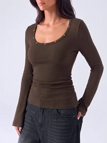 LYSMO Women's Minimalist Rivet Long Sleeve Ribbed T-Shirt - Coffee Brown - View 5