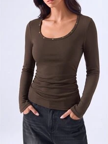 LYSMO Women's Minimalist Rivet Long Sleeve Ribbed T-Shirt - Coffee Brown - View 4