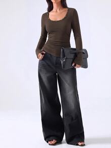 LYSMO Women's Minimalist Rivet Long Sleeve Ribbed T-Shirt - Coffee Brown - View 1