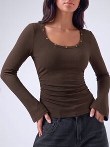 LYSMO Women's Minimalist Rivet Long Sleeve Ribbed T-Shirt - Coffee Brown - View 7