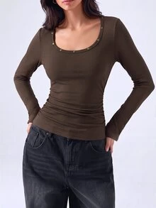 LYSMO Women's Minimalist Rivet Long Sleeve Ribbed T-Shirt - Coffee Brown - View 6