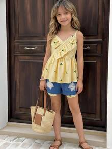 SHEIN 2pcs/Set Tween Girls Yellow Gingham Ruffle Camisole Top & Distressed Denim Shorts,Soft Summer Colour Palette,Summer,Cute,Vacation,Holiday Outfits - Multicolor - View 6