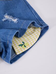 SHEIN 2pcs/Set Tween Girls Yellow Gingham Ruffle Camisole Top & Distressed Denim Shorts,Soft Summer Colour Palette,Summer,Cute,Vacation,Holiday Outfits - Multicolor - View 10