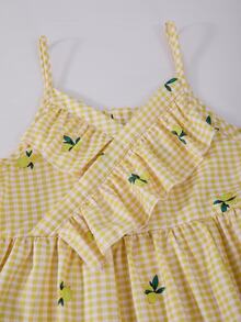 SHEIN 2pcs/Set Tween Girls Yellow Gingham Ruffle Camisole Top & Distressed Denim Shorts,Soft Summer Colour Palette,Summer,Cute,Vacation,Holiday Outfits - Multicolor - View 9