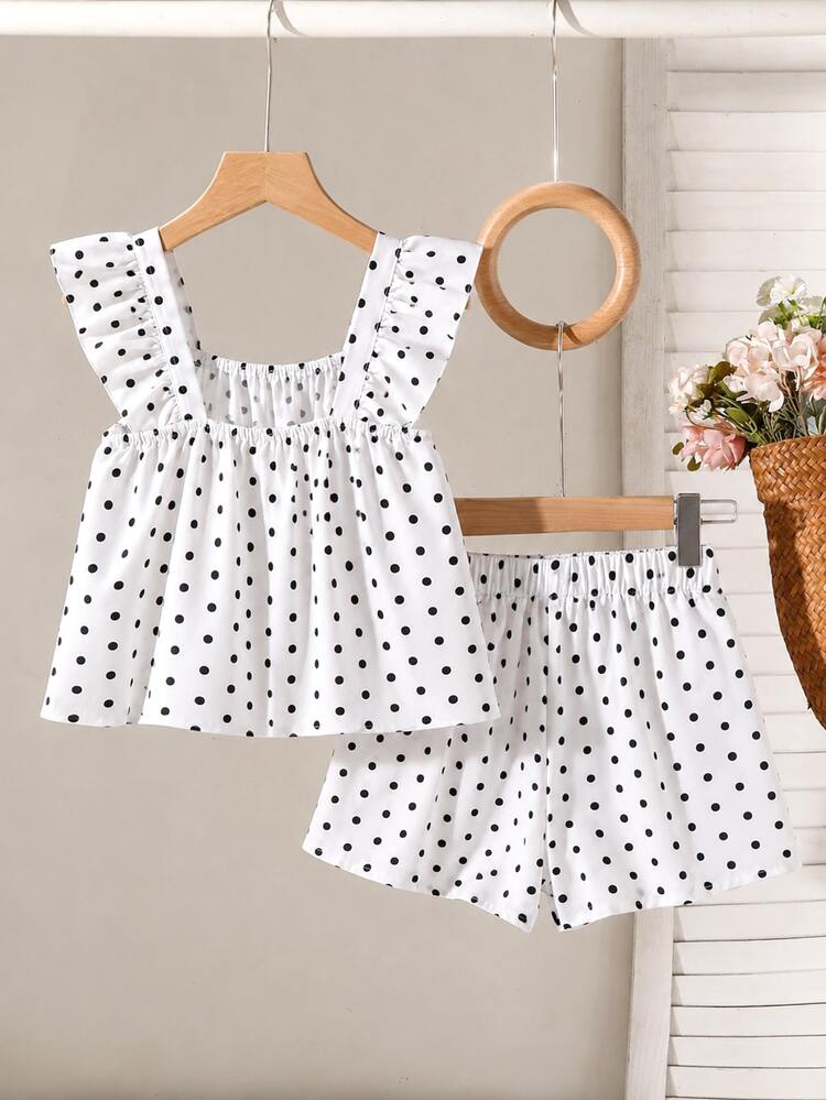 SHEIN Tween Girls 2pcs/Set Black And White Polka Dot Print French Style Tank Top And Casual 80s Cute Shorts Mini Set Summer Outfit Beach Holiday Vacation - White - View 2