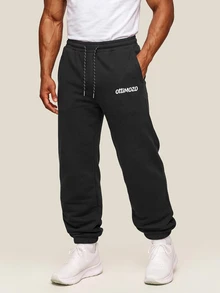 OTTIMOZO Men's Letter Print Drawstring Waist Casual Sports Pants, Gym - Black - View 3