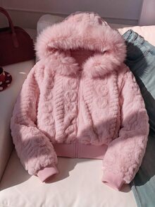 SHEIN Tween Girl Long Sleeve Zip Up Hooded Black Jacket , Halloween Autumn Fall School Y2k Streetwear - Pink - View 1