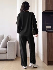 Solavon Women's Letter Print 2 In 1 Long Sleeve T-Shirt And Pants Sports Set - Black - View 4