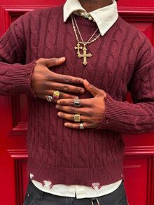 NEOSTRIT Men's Ribbed Streetwear Distressed Crew Neck Sweater, Couple Outfit, Office Work Autumn, Best Holiday Gift - Red - View 4